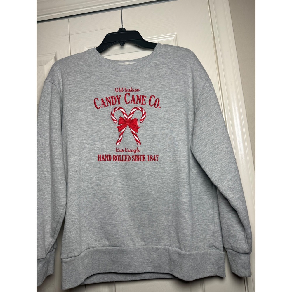State of Mine Womens Candy Cane Co Christmas Sweatshirt Gray Embroidered Medium